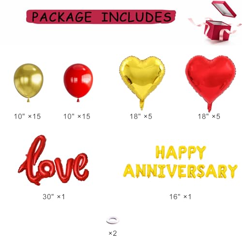 Anniversary Decorations, Happy Anniversary Banner, Hanging String Hearts, Red and Gold Balloons, Love Balloon, Red Silk Rose Petals for Wedding Bridal Shower Bachelorette Party Decorations