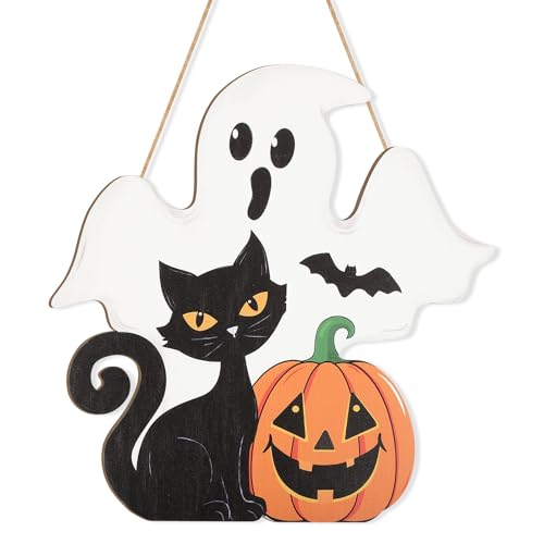 Halloween Decoration Wooden Ghost Door Halloween Wreaths for Front Door Sign Wall Signs Decor, Pumpkin Black Cat Wreath Sign Hanging for Home Wall Decor Outdoor Indoor Farmhouse Party Supply