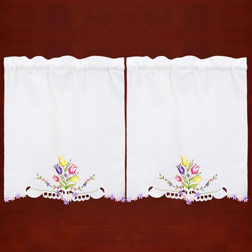 Simhomsen Embroidered Tulips Kitchen Window Curtain Swag and Tiers Set for Easters and Spring (Tulips) - color: Tulips