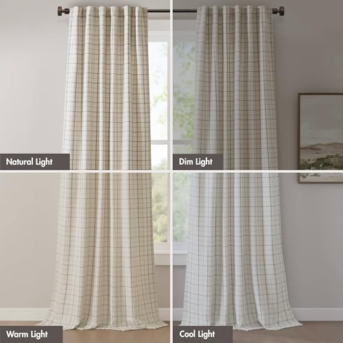 Madison Park Plaid Curtain, Fleece Lining,1 Panel, 50x84 Natural Front Tab - color: Rod Pocket & Front Tab With Button, Natural, size: 50"W x 84"L (Pack of 1)