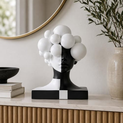 Checkered Modern Abstract Bust Statue for Home Decor, Black and White Art Face Sculpture,Large Resin Woman Head Figurine, Decorative Objects for Bookshelf, Coffee Table, Entryway, Office Desk Decor
