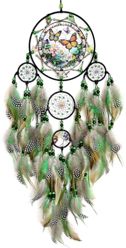 Large Dream Catchers, Rainbow Healing Crystal Tree of Life Dreamcatcher with Butterfly Suncatcher for Windows Hangings Decor, Home Wall Hanging Decor,Adults Boys Girls Festival Blessing Gift (Green)