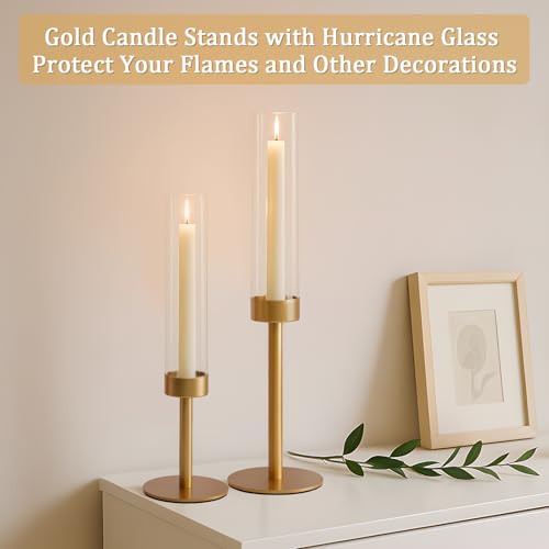 6Pcs Hurricane Glass Candle Holders Gold Candlestick Holders Taper Candle Holder with 9.8" Windproof Clear Cylinder Covers for Outdoor Indoor Tall Candle Stick Holder Decor for Wedding Party Fireplace