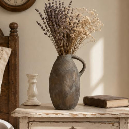 Rustic Ceramic Vase with Handle, 10.3 Inch, Handmade Decor, Brown - color: Brown