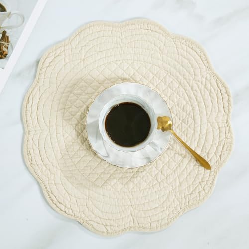 HOMBYS Quilted Placemats Set of 4 Washable Round Placemats for Kitchen Table-100% Cotton Fabric Round Table Mats, (Flax) - color: Flax