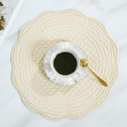 HOMBYS Quilted Placemats Set of 4 Washable Round Placemats for Kitchen Table-100% Cotton Fabric Round Table Mats, (Flax) - color: Flax