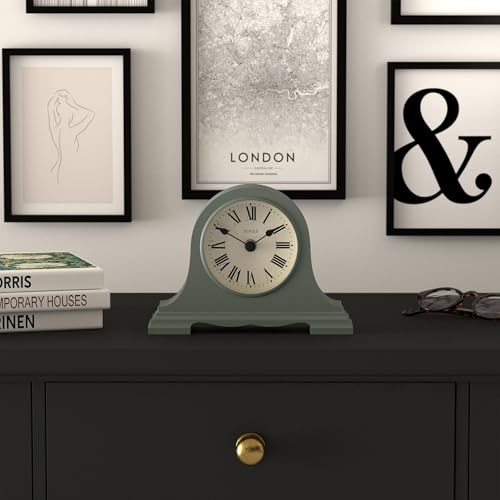 JONES CLOCKS® Speakeasy Small Mantel Clock | Classic Napoleon’s hat Design | Green | Roman Numerals | Traditional Style for Desk, Table, Shelf or Bedside - color: Asparagus Green