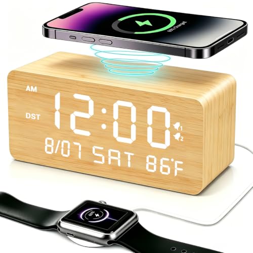 Andoolex Wooden Digital Alarm Clock with Wireless Charging, 0-100% Adjustable Brightness Dimmer and Alarm Volume, Weekday/Weekend Mode, Dual Alarm, Snooze, 12/24H, Wood LED Clock for Bedroom (Bamboo) - color: Bamboo