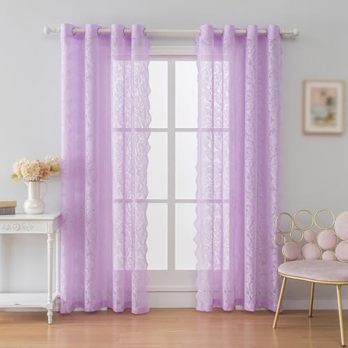 Anytime Purple Lace Sheer Curtain Panels for Living Room Elegant Window Treatment Sets Light Filtering Translucent Draperies for Office (2 Panels,W55 x L63inch) - color: Pattern 3-purple, size: 55"W x 63"L (Pack of 2)