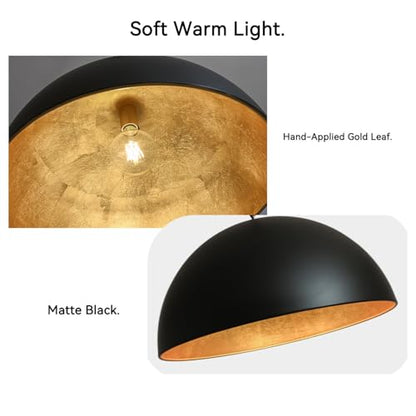 15Inch Kitchen Island Pendant Light-Matte Black with Gold Leaf Interior, Dome Chandelier for Dining Table, Bar, Cafe - size: 15" Dome
