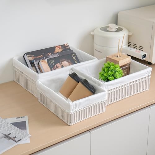White Cotton Rope Woven Basket Storage Set of 3 for Organizing - color: Off-white