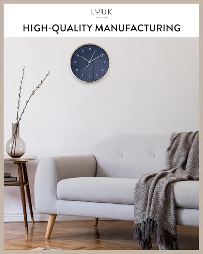 LUUK LIFESTYLE Modern Silent Quartz Wall Clock, 12in, Dark Blue & Gold | Elegant & Simple, Non-ticking, Analog, Easy-to-read display, Battery operated, for Guest room, Bedroom, Kitchen - color: Dark Blue, 12"