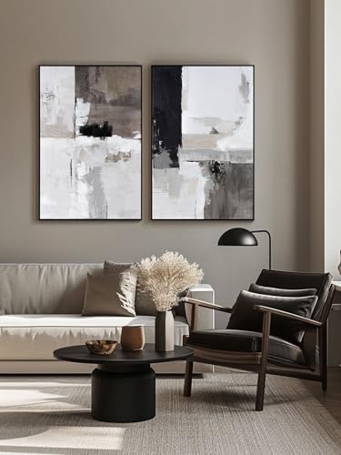 SAFERRYHOME Neutral Abstract Grey and Black Wall Art Set of 2, 24"x36"x2 - color: Black Grey, size: 24" x 36" x 2 Panel Framed