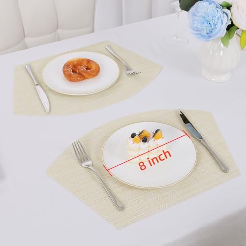 SHACOS Wedge Placemats Set of 4 Woven Vinyl Small Round Table Placemats Wipe Clean Table Mats for Round Dining Table Indoor Outdoor, Beige White - color: Linen Beige White