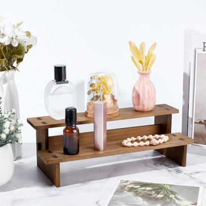 NBEADS 2-Tier Wooden Display Riser Shelf, 4.69x11.65x3.78 Inch Camel Tabletop Small Food Stand Risers Display Makeup Step Perfume Organizer for Fragrance Cosmetics Figure Collection