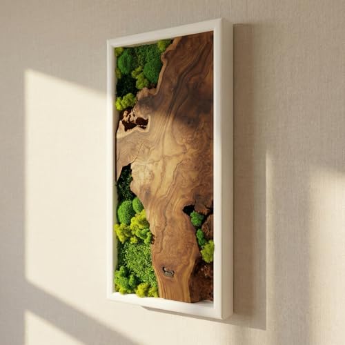 White Framed Moss Wall Art, Vertical Cedar Wood & Preserved Greenery Modern Natural Wall Decor for Living Room, Office & Home, Zero Maintenance Handcrafted Gift 60" x 24" - size: 60"L x 24"W