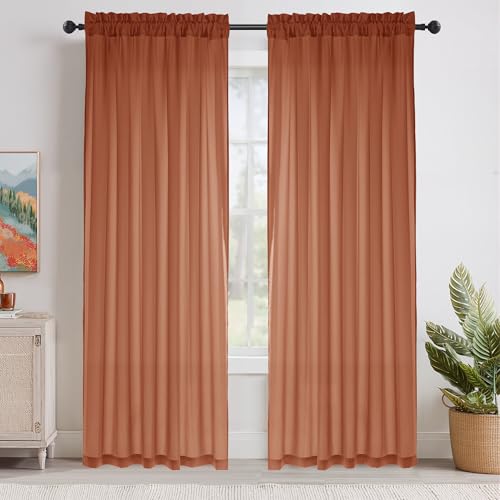 NICETOWN Burnt Orange Opaque Sheer Curtains 84 inches Long 2 Panels for Living Room, 52" Wide Rod Pocket Window Drapes for Farmhouse, Dining Room, Light Filtering Elegant Privacy Window Treatments - color: Burnt Orange, size: 52"W x 84"L (Pack of 2)