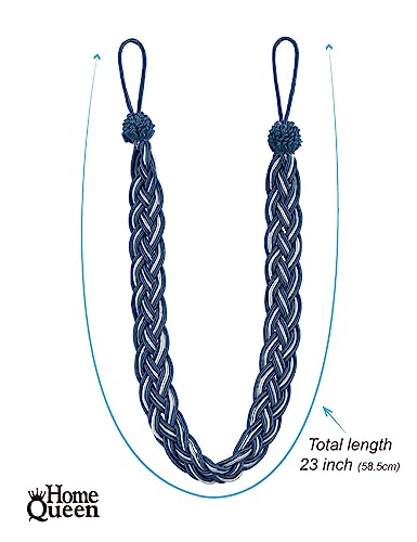 Home Queen Hand Braided Curtain Tie Back, Buckle Holdback Drapery Curtain Tiebacks, 6 Rope Belt Curtain Tie with 6 Metal Hooks, Navy and Silver - color: Navy+silver, size: 6 Pack