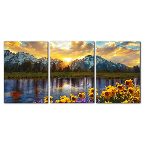 3 Pieces Mountain Canvas Wall Art for Living Room Nature Landscape Picture Sunflower Wall Decor for Bedroom Home Decoration Sunrise Grand Teton National Park Painting Framed Artwork - 20"x28"x3 Panels - color: Wallart-12, size: 20" x 28" x 3 Panels