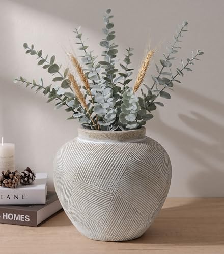 DREAMLOOM 9.3 Inch Flat Ceramic Flower Vase, Cream Grey - color: Flat-9.3" Antique White