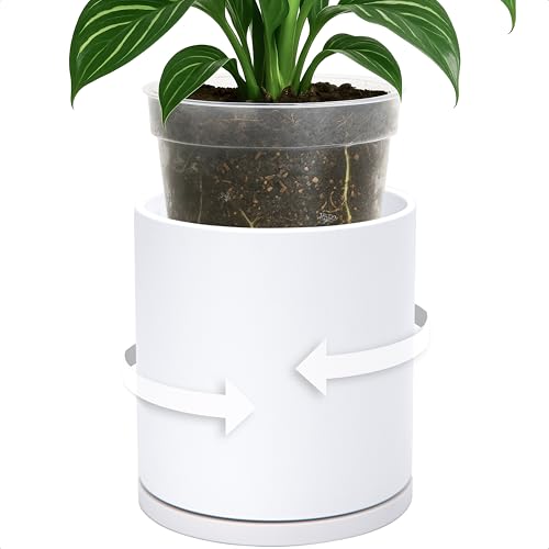 D'vine Dev Double-Layer Planter Set – Rotating Plastic Cachepot with Clear Inner Liner for Root Health, Perfect for Indoor Plants, 6.5", White, 73-U-A-2