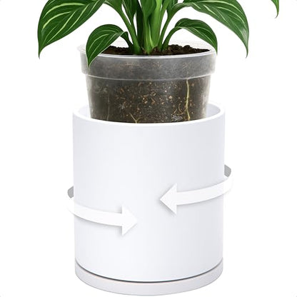 D'vine Dev Double-Layer Planter Set – Rotating Plastic Cachepot with Clear Inner Liner for Root Health, Perfect for Indoor Plants, 6.5", White, 73-U-A-2