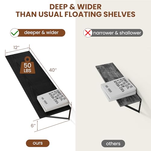 Heimlove 40W x 12D Deep Floating Shelves Set of 2 Black - color: Black With Black Metal Bracket, size: 40Wx12Dx5.8H