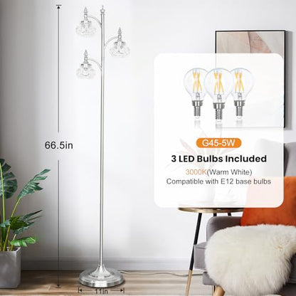 JUNNAI Brushed Nickel Floor Lamp 66.5'' Tall Standing Lamp Dimmable Tree Floor Lamps with 3 LED Lights Glass Shades Silver Lamp for Living Room Bedroom Office(3 Bulbs Included) - color: Silver