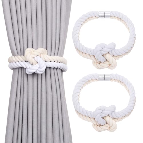 NICEEC Cotton Rope Magnetic Curtain Tiebacks, 2 Pack, Beige & White - color: Beige & White, size: 2 Pack