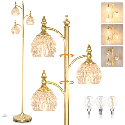 JUNNAI Gold Floor Lamp for Living Room 66.5in Brass Tall Standing Lamp with 3 Way Brightness Lights Glass Shades Modern Mid Century Gothic Corner Lamp for Bedroom Office - color: Gold-4