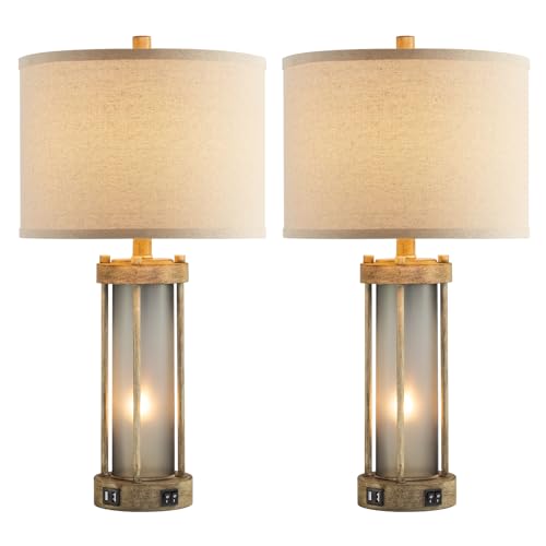RORIA Farmhouse Table Lamps Set of 2 for Living Room with 2 USB Ports - color: Earthy Gray