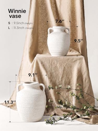 White Ceramic Vase with Handles, 9.5Inch, Farmhouse Rustic, Gritstone White - color: Winnie - Gritstone White, size: M(8.8"-9.8")