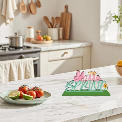 Hello Spring Wooden Table Sign with Base Spring Tabletop Decorations for Home Office Shelf Mantel Indoor Holiday Tiered Tray Spring Party Decor Gift