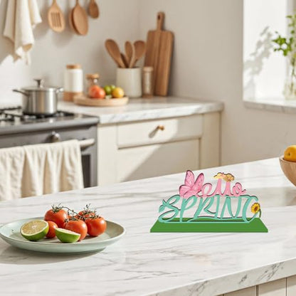 Hello Spring Wooden Table Sign with Base Spring Tabletop Decorations for Home Office Shelf Mantel Indoor Holiday Tiered Tray Spring Party Decor Gift