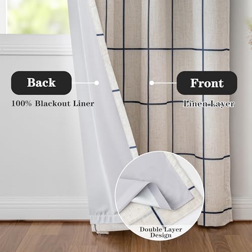 MYSKY HOME 100% Blackout Navy Blue Plaid Linen Curtains 63 Inches Long Windowpane Pattern Double Layer Farmhouse Thermal Insulated Drapes with Rod Pocket Back Tab for Bedroom, 2 Pcs, 52" Wide - color: Navy Blue, size: 52"W x 63"L (Pack of 2)