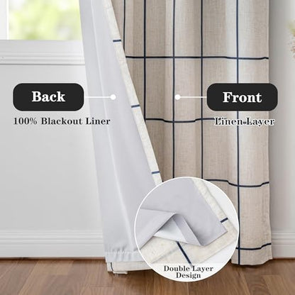 MYSKY HOME 100% Blackout Plaid Linen Curtains 45 Inches Long Double Layer Farmhouse Thermal Insulated Checkered Print Drapes with Back Tab Rod Pocket for Bedroom, 2 Panels, 52" Wide, Navy Blue - color: Navy Blue, size: 52"W x 45"L (Pack of 2)
