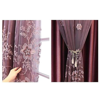 Amidoudou 1 Pair European Double Layer Curtains for Living Room Bedroom Luxury Flower Embroidered Curtains with Valance (Purple,52x84 Inch) - color: Purple, size: 52"W x 84"L (Pack of 2)