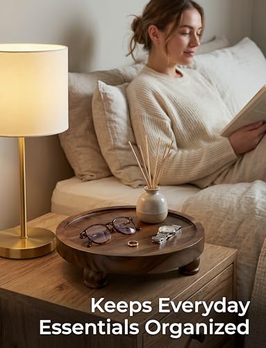 Demigo Acacia Wood Round Tray, 10 in Pedestal Riser Stand, Dark Brown - color: Dark Brown