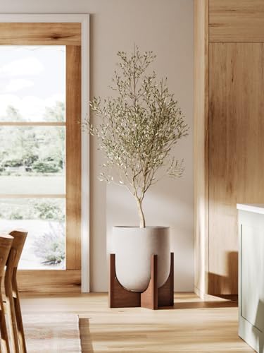 LE TAUCI 10 Inch Ceramic Planter with Acacia Wood Stand, Neutral Gray - color: Neutral Gray, size: 10 Inch