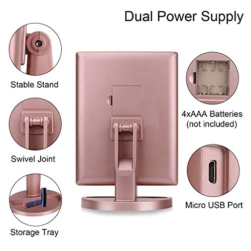 deweisn Dresser Mount Tri-Fold Lighted Vanity Mirror with 21 LED Lights, Touch Screen and 3X/2X/1X Magnification, Two Power Supply Modes Make Up Mirror,Travel Mirror - color: Rose Gold