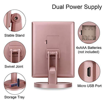 deweisn Dresser Mount Tri-Fold Lighted Vanity Mirror with 21 LED Lights, Touch Screen and 3X/2X/1X Magnification, Two Power Supply Modes Make Up Mirror,Travel Mirror - color: Rose Gold