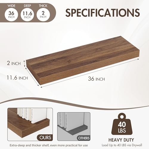 Acovy 36 Inch Floating Shelves, 12" Deep Floating Shelf Wall Mounted, 36" Wall Shelves, Rustic Deep Bookshelf, Extra Deeper & Thicker Display Shelves for Bedroom, Living Room, Walnut, Set of 2 - color: Walnut, size: 12"Wx36"L-2pcs