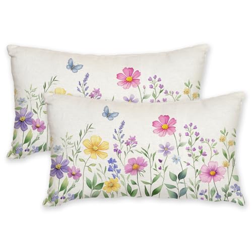 AACORS Spring Pillow Cover 12X20 Set of 2,Flower Butterfly Decorations Farmhouse Seasonal Summer Pillow Case Decor for Sofa Couch AA056-12-2 - size: 20" x 12" (Pack of 2)