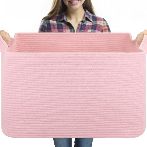 OIASKET 95L Extra Large Blanket Basket, 24" x 16.9" x 14.2" Woven Basket - color: Pink, size: 24"x16.9"x14.2"
