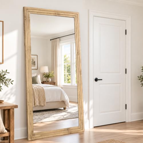 81x41in Full Length Mirror, 3-Tier Stepped Wood Frame, Light Brown - color: Light Brown, size: 81"L x 41"W