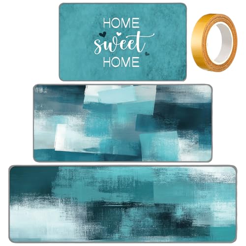 Fourluoo 3 Pcs Teal Turquoise Kitchen Rugs and Mats Set - color: Teal