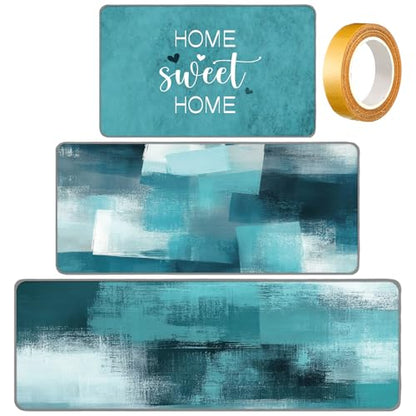Fourluoo 3 Pcs Teal Turquoise Kitchen Rugs and Mats Set - color: Teal