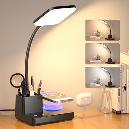 Wireless Charging Desk Lamp USB Charging & Pen Holder, Matte Black - color: Matte Black