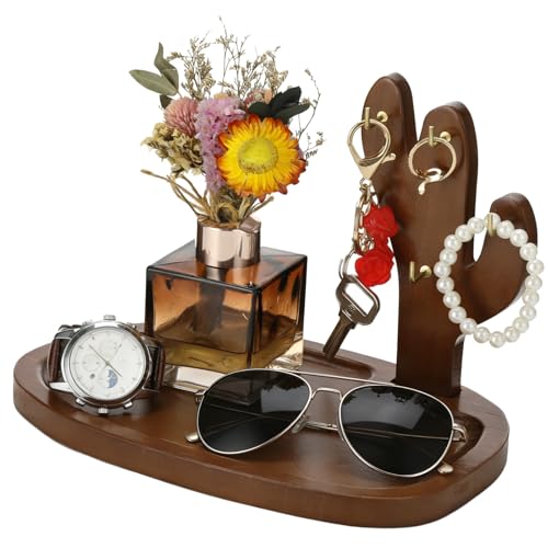 Key Tray for Entryway Table, Acacia Wooden Key Holder Stand with 4 Hooks and Storage Tray, Cactus-Shaped Organizer, Decorative Catchall for Glasses, Watch, Perfume, Jewelry