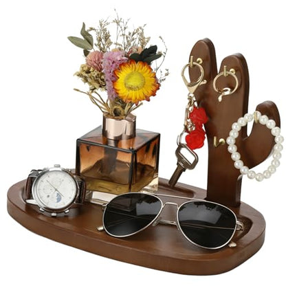 Key Tray for Entryway Table, Acacia Wooden Key Holder Stand with 4 Hooks and Storage Tray, Cactus-Shaped Organizer, Decorative Catchall for Glasses, Watch, Perfume, Jewelry